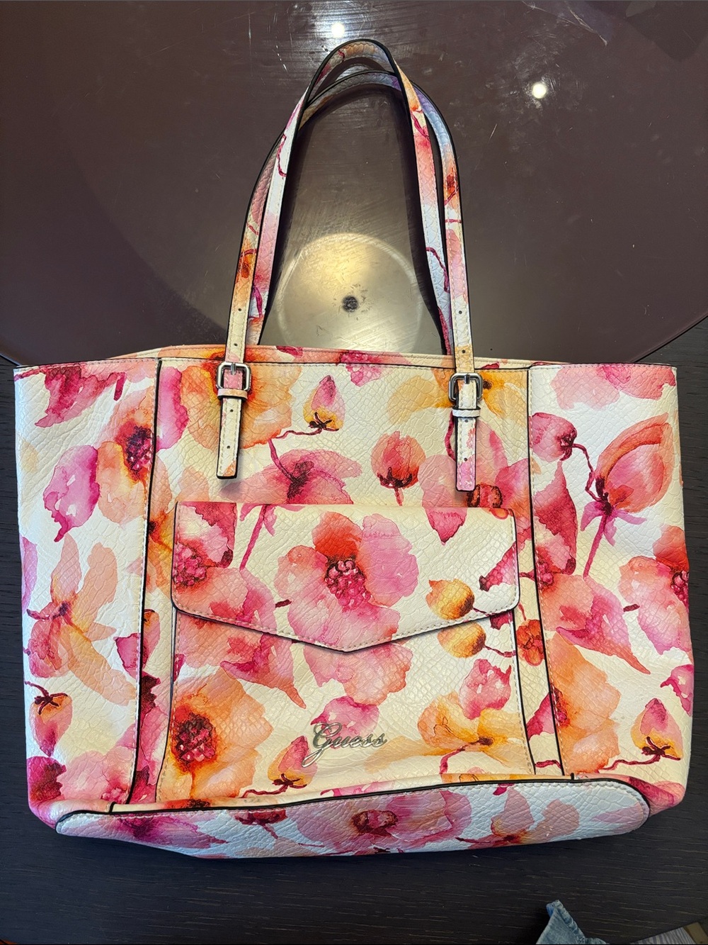 Guess Floral Watercolor Tote in Pink and Peach Tones Summer Bag Laptop Bag